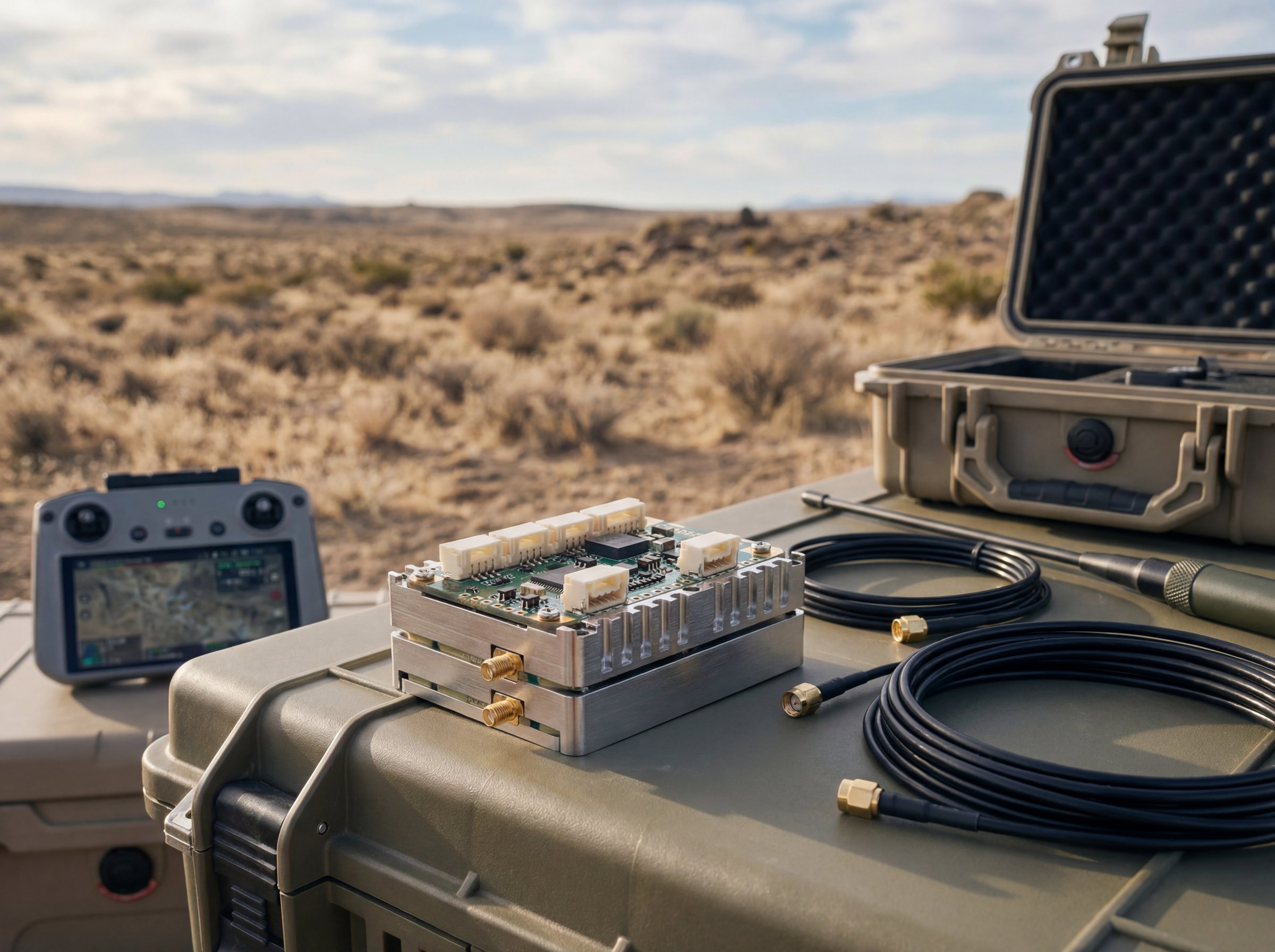 Drone communication module on Pelican case with coax cables and drone controller