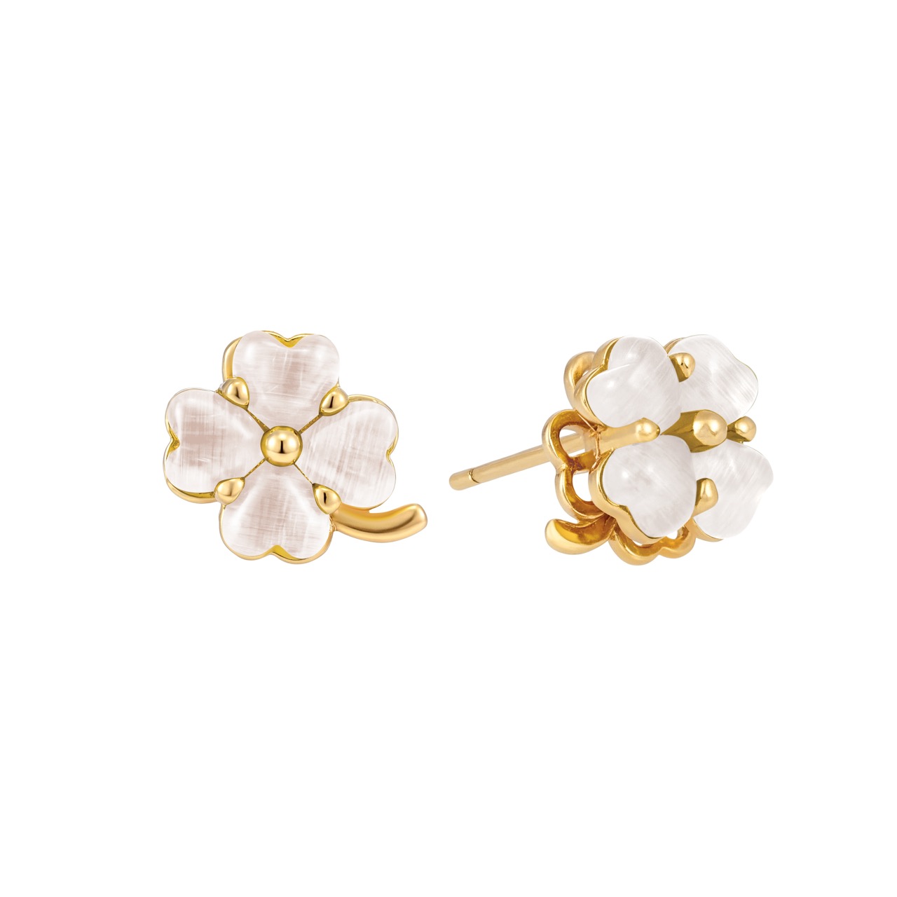 Lucky Clover Earring Studs — Gold, White Stone