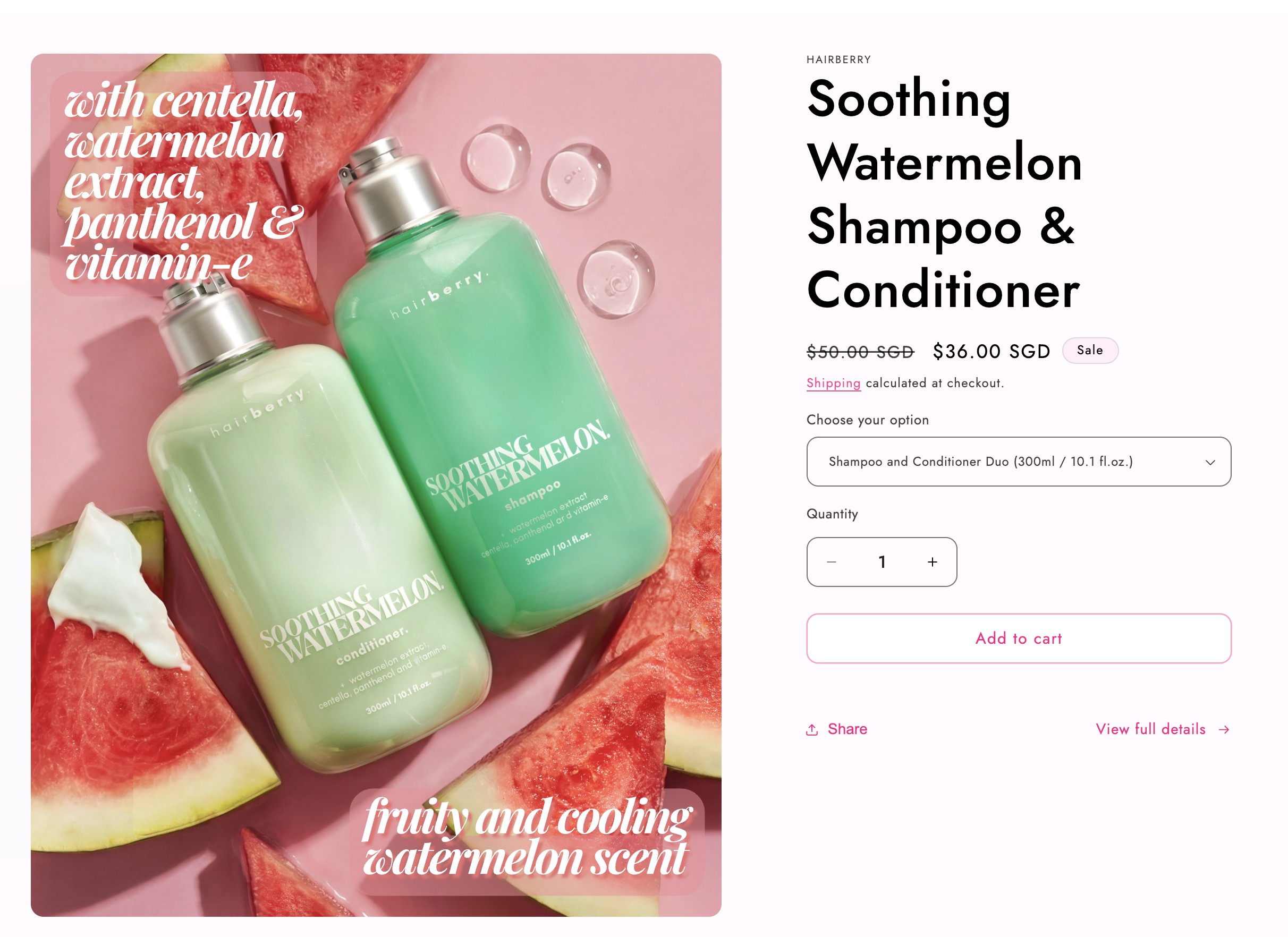 GradePixel photography live on Hairberry's Shopify product page — Soothing Watermelon Shampoo & Conditioner at S$36.00