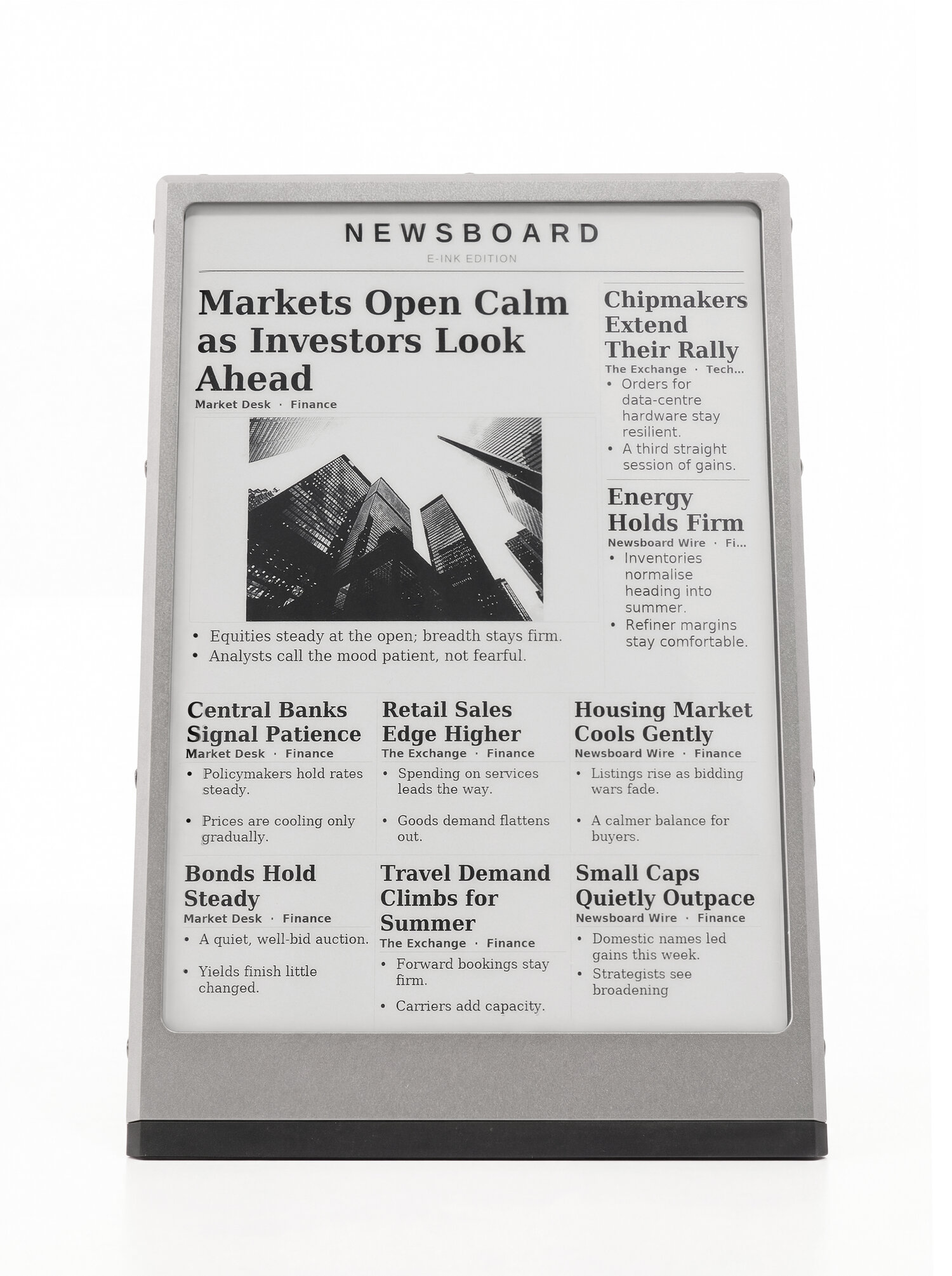 E Ink desktop display photographed straight-on against a plain white studio background