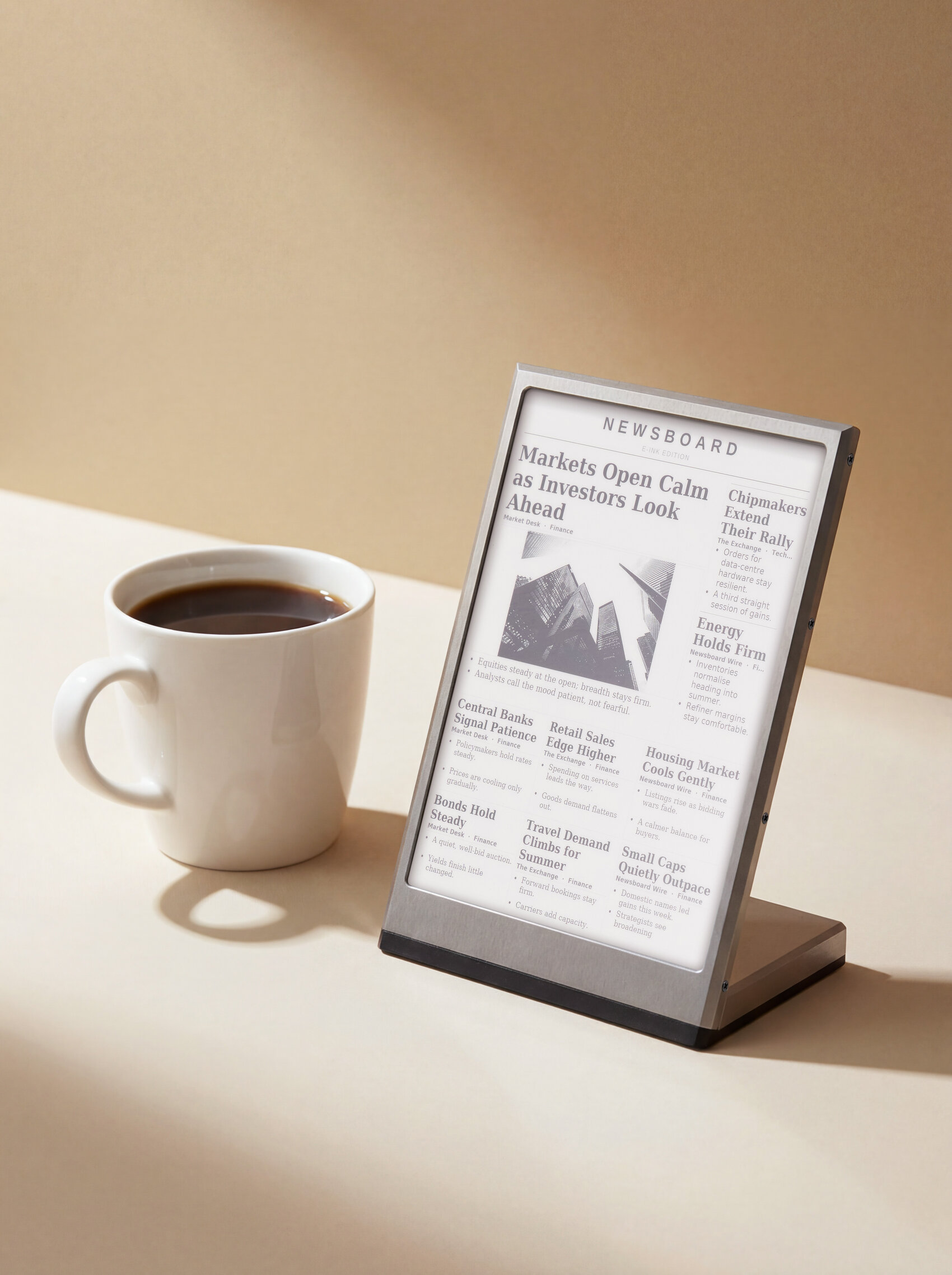 eink desktop display lifestyle coffee tan