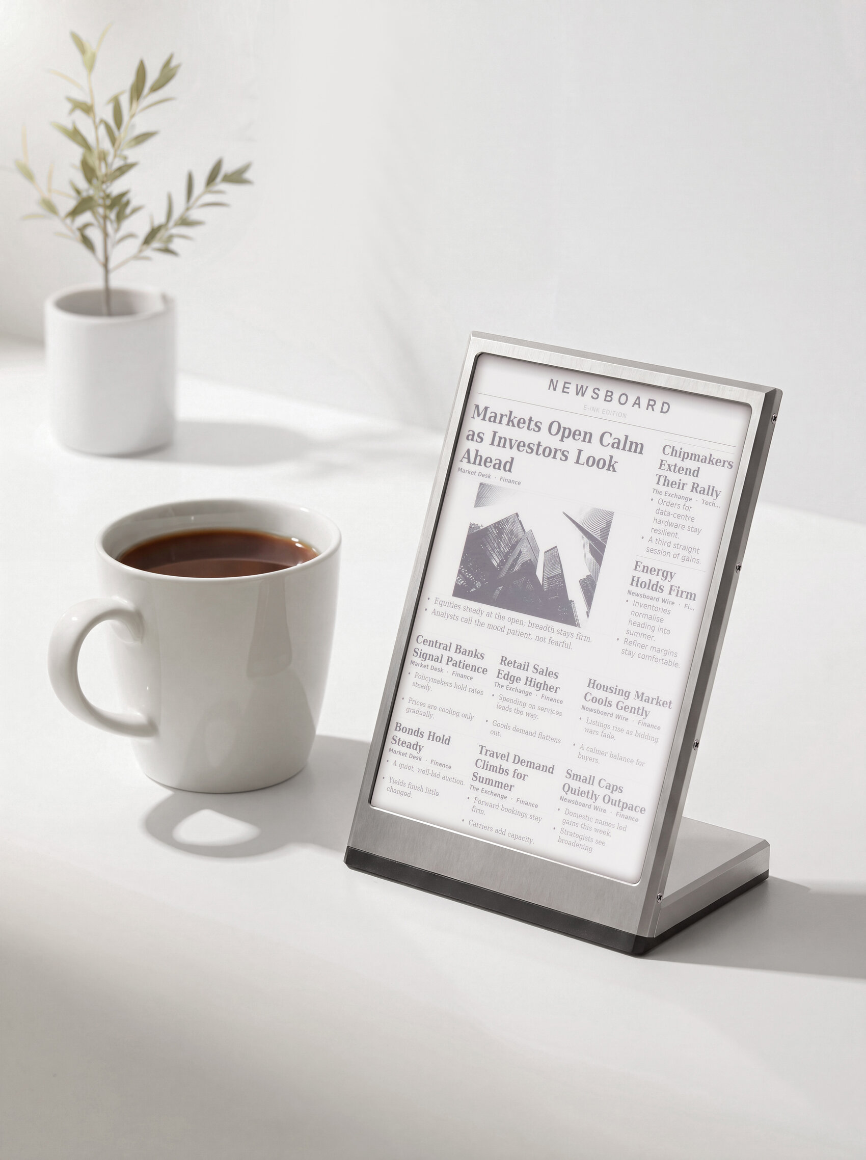 AI product photography lifestyle scene — the E Ink desktop display on a bright desk with a plant and coffee