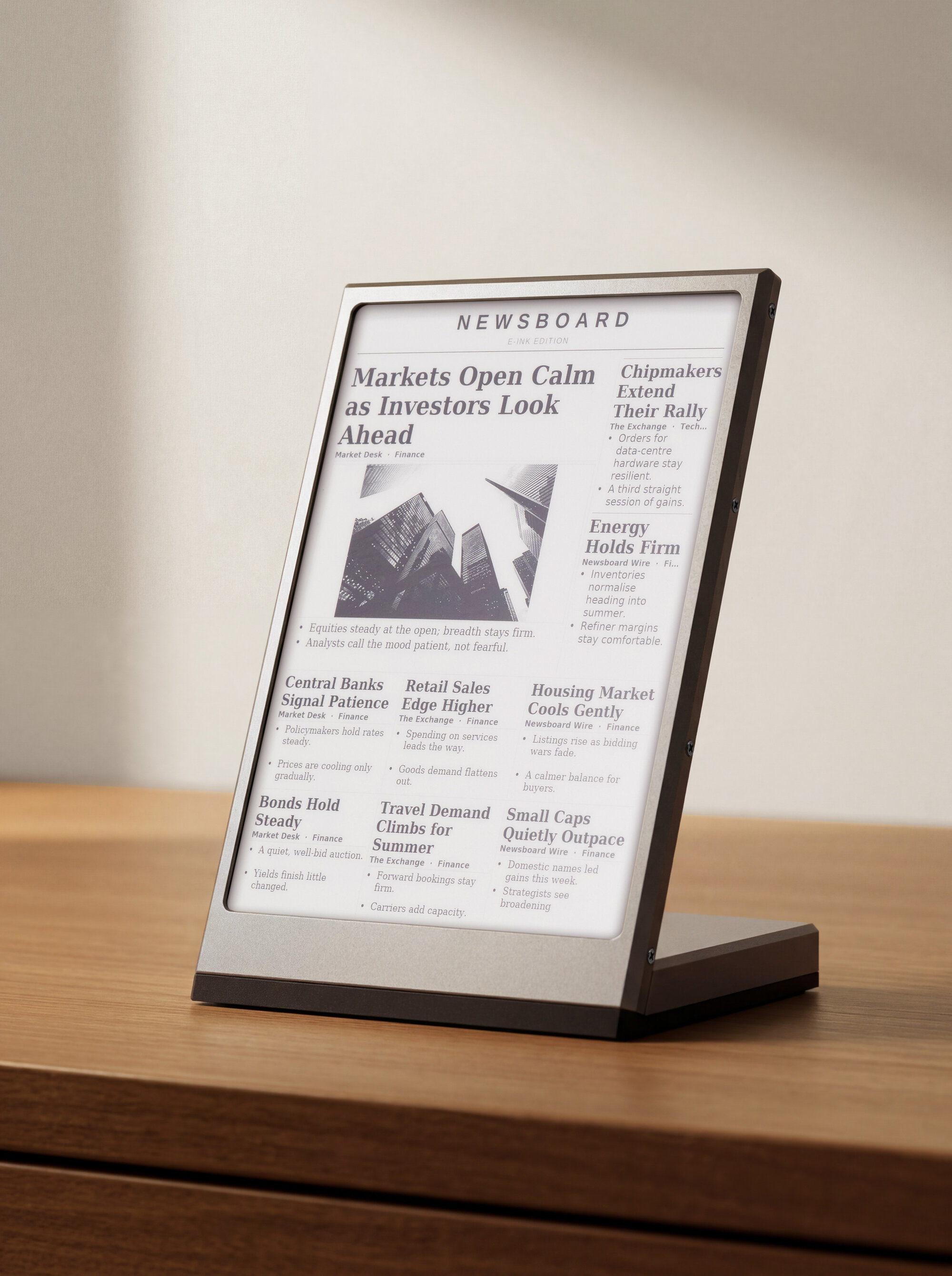 AI product photography lifestyle scene of an E Ink desktop news display on a warm wooden console, created for a Kickstarter launch