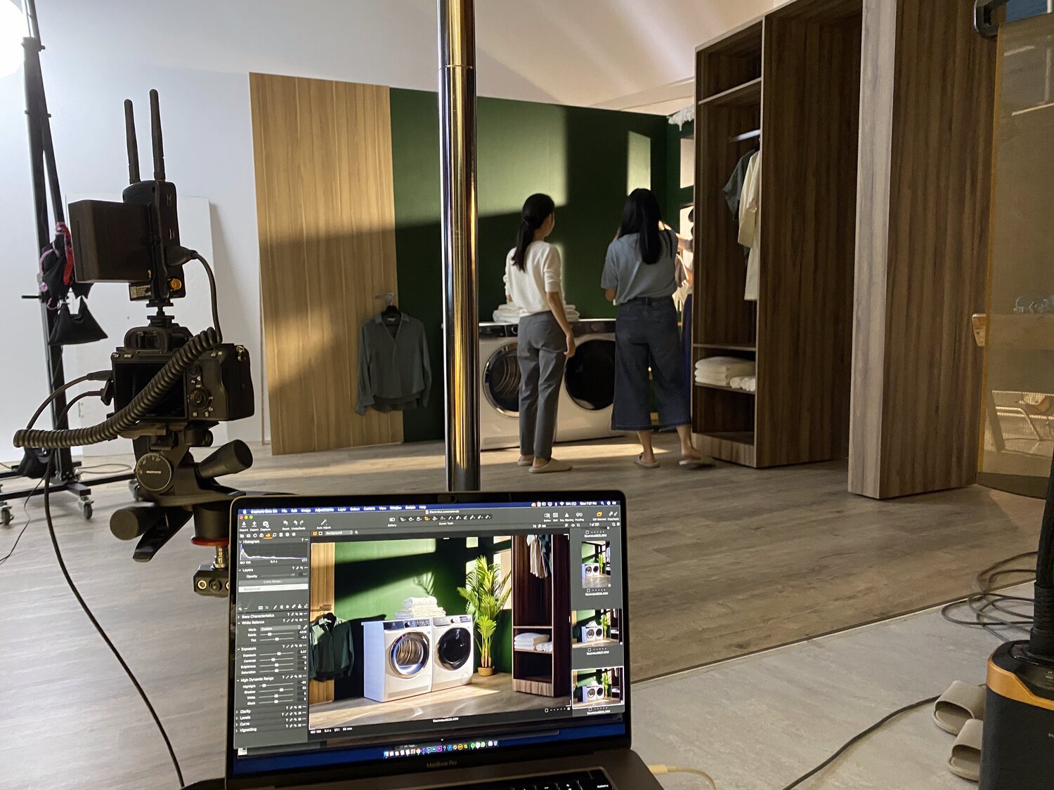 Behind the scenes — the Electrolux appliance shoot in progress on the built studio set