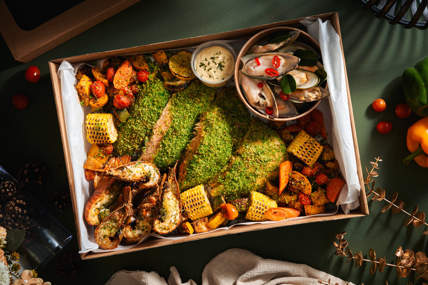 Four Seasons Catering festive party box spread — commercial food photography for catering delivery