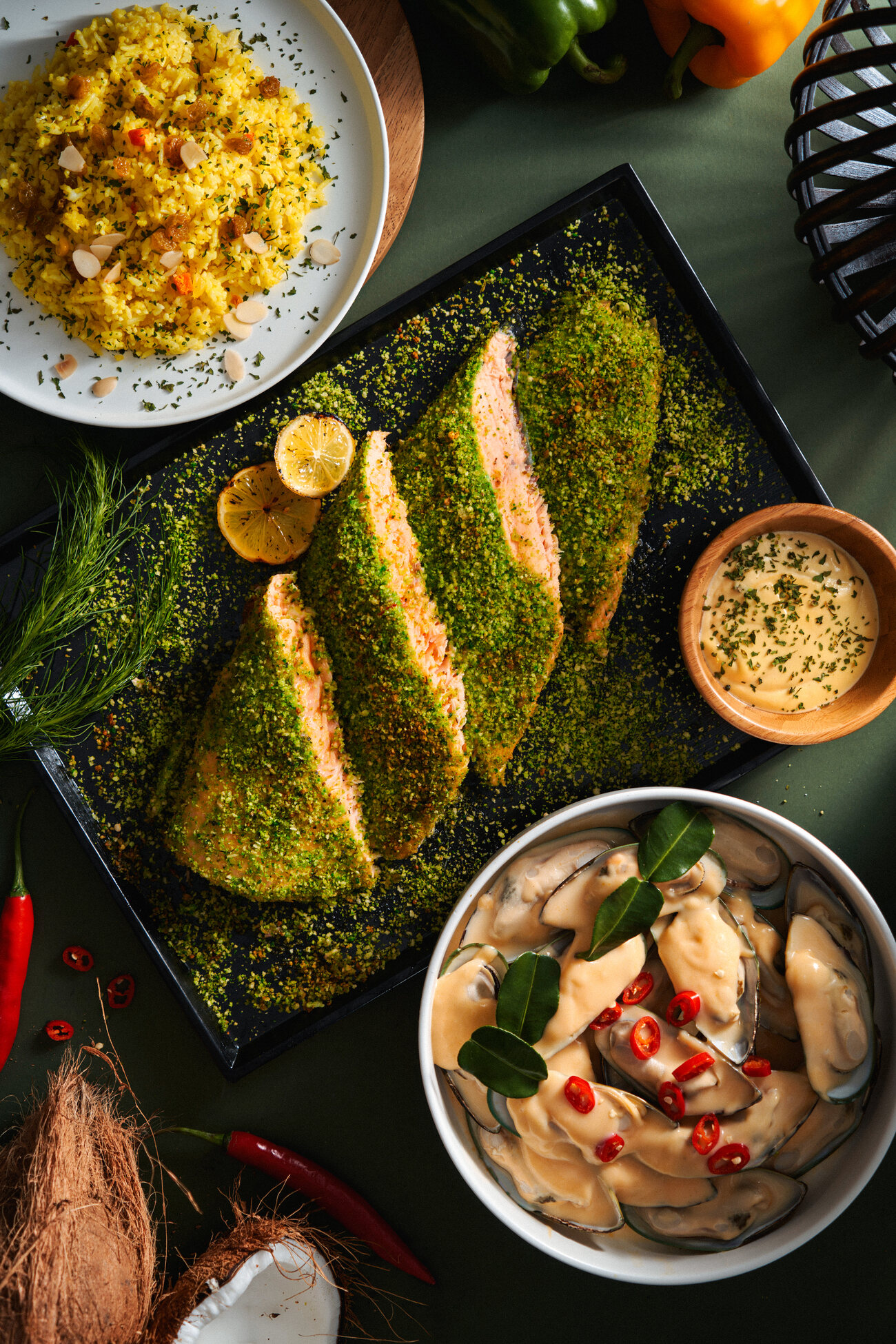 Four Seasons Catering herb-crusted salmon platter — festive food photography Singapore