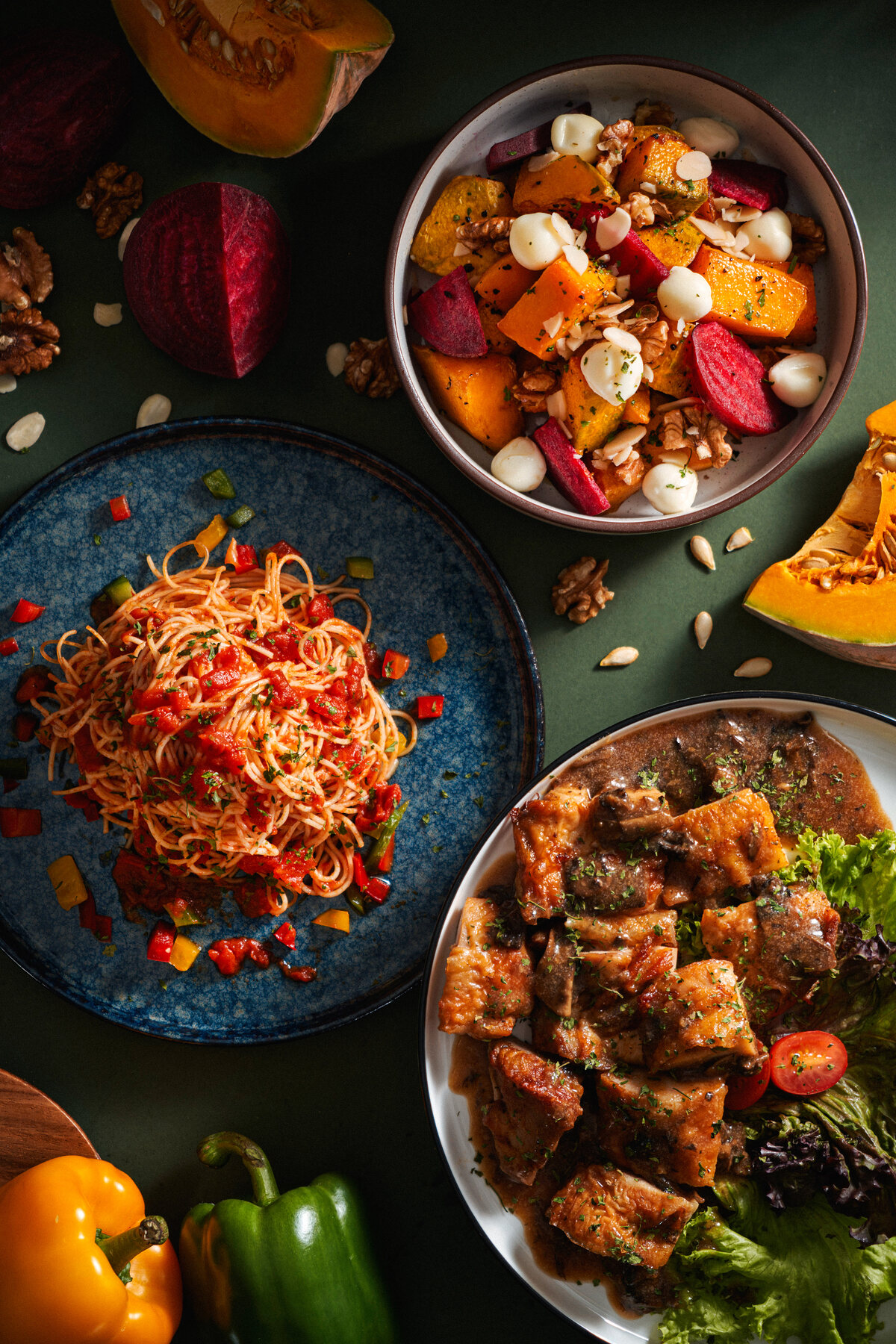Four Seasons Catering pumpkin salad and pasta — festive food photography Singapore