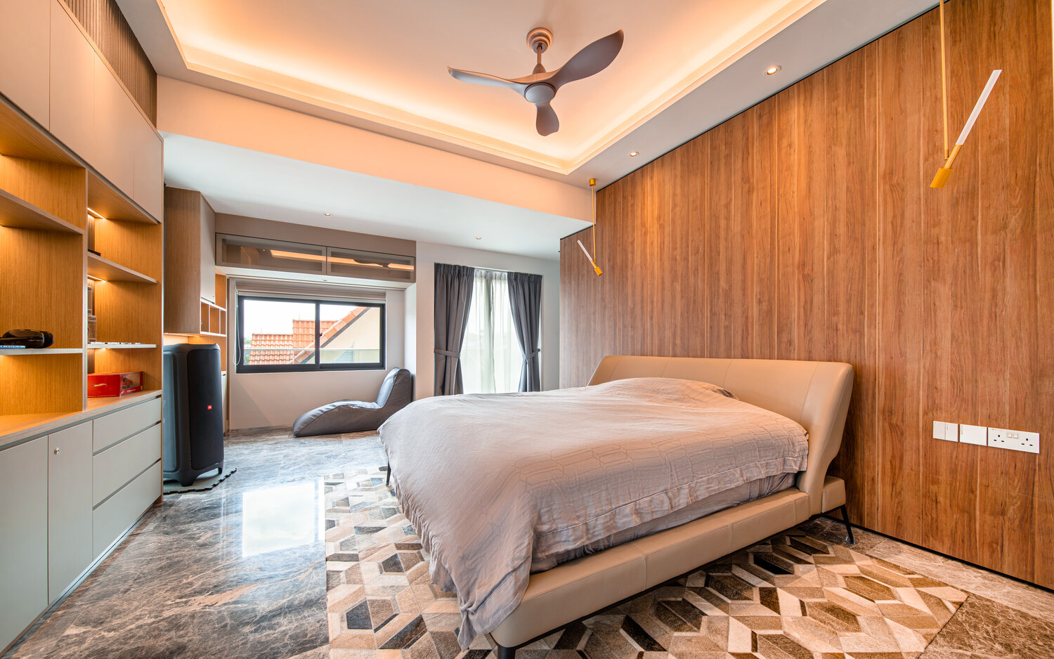 Luxury landed home bedroom with timber feature wall — interior photography Singapore