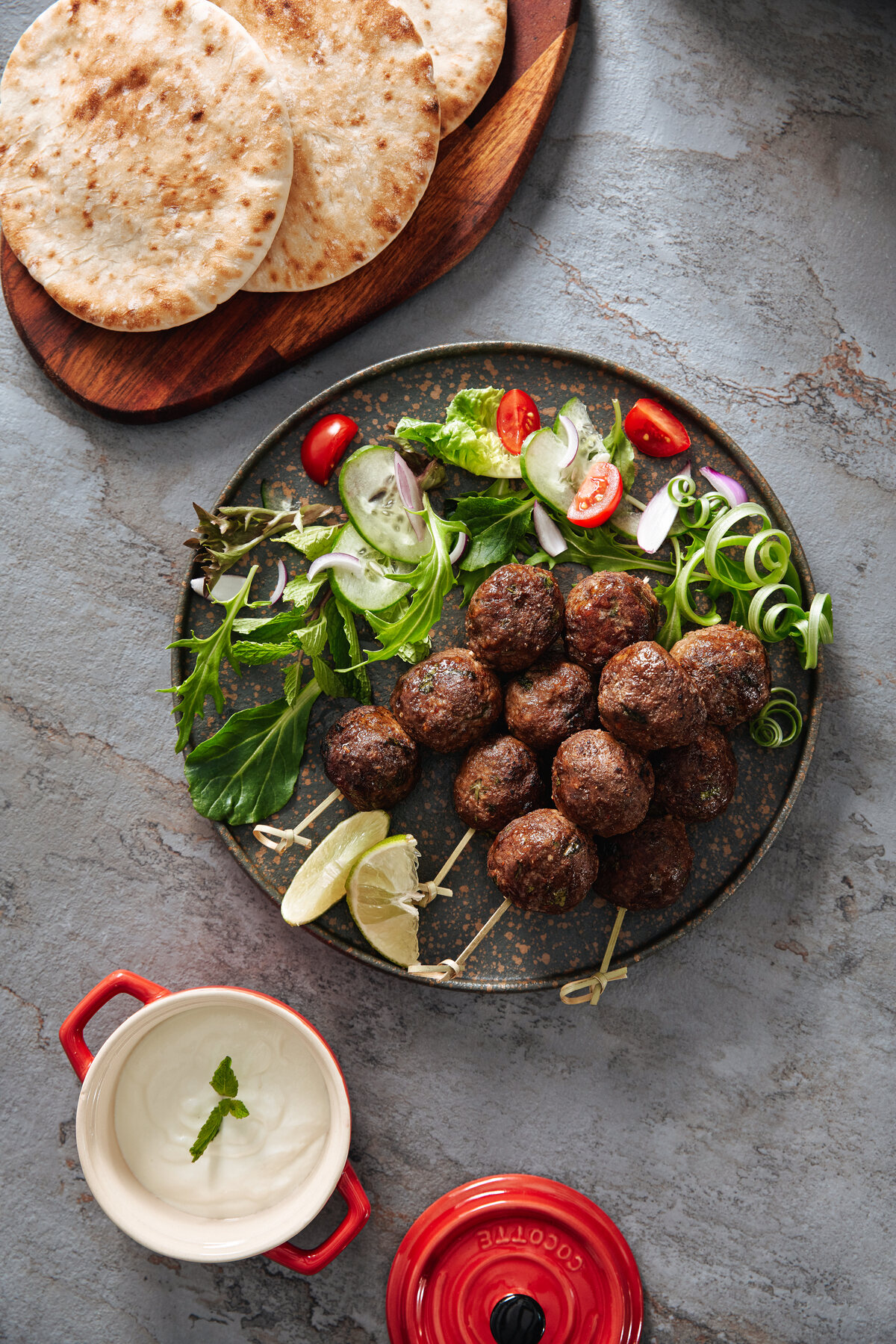 Nestlé Harvest Gourmet plant-based kofta with flatbread and salad — recipe photography Singapore
