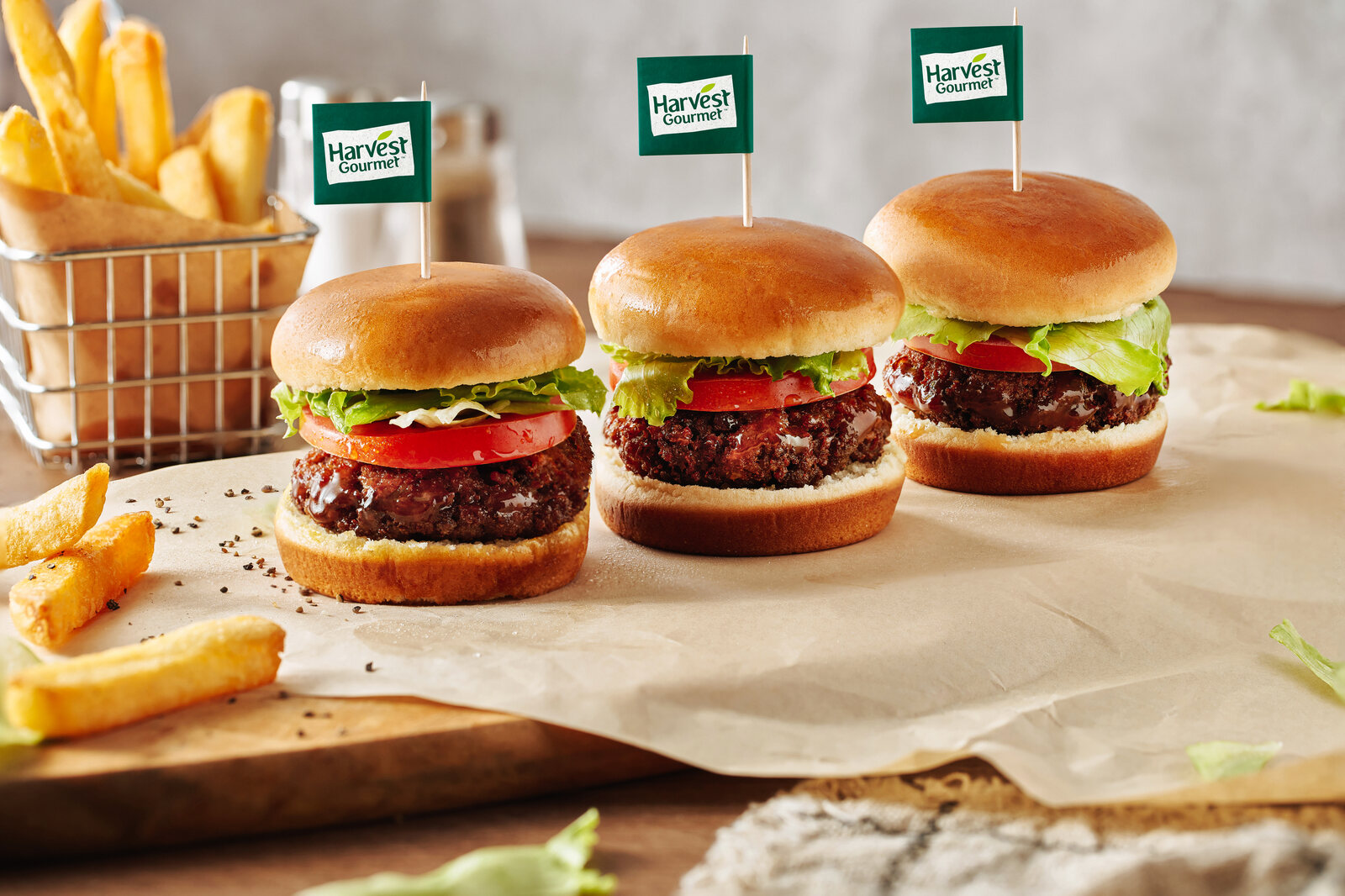 Nestlé Harvest Gourmet plant-based burger sliders with fries — recipe photography Singapore