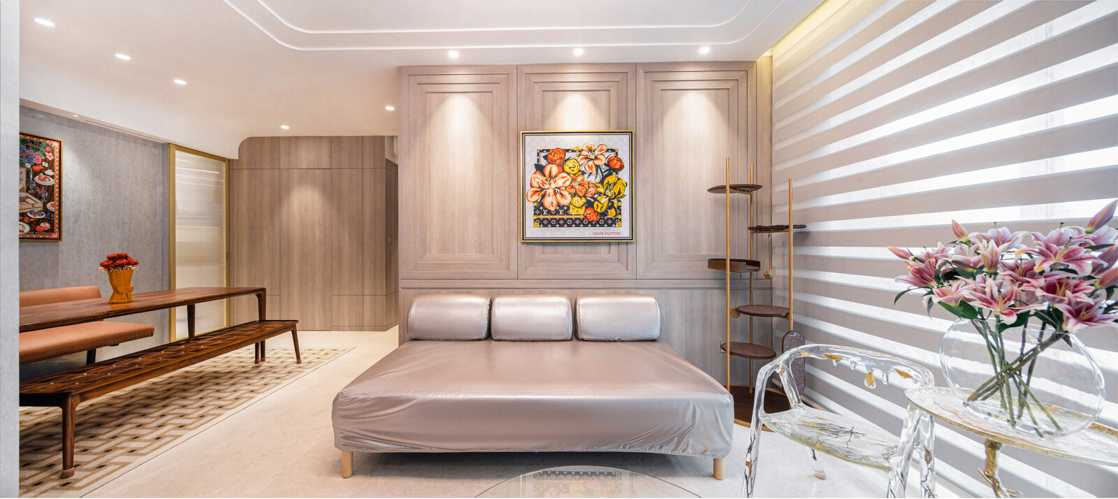 Premium residential bedroom with backlit feature wall — interior photography Singapore