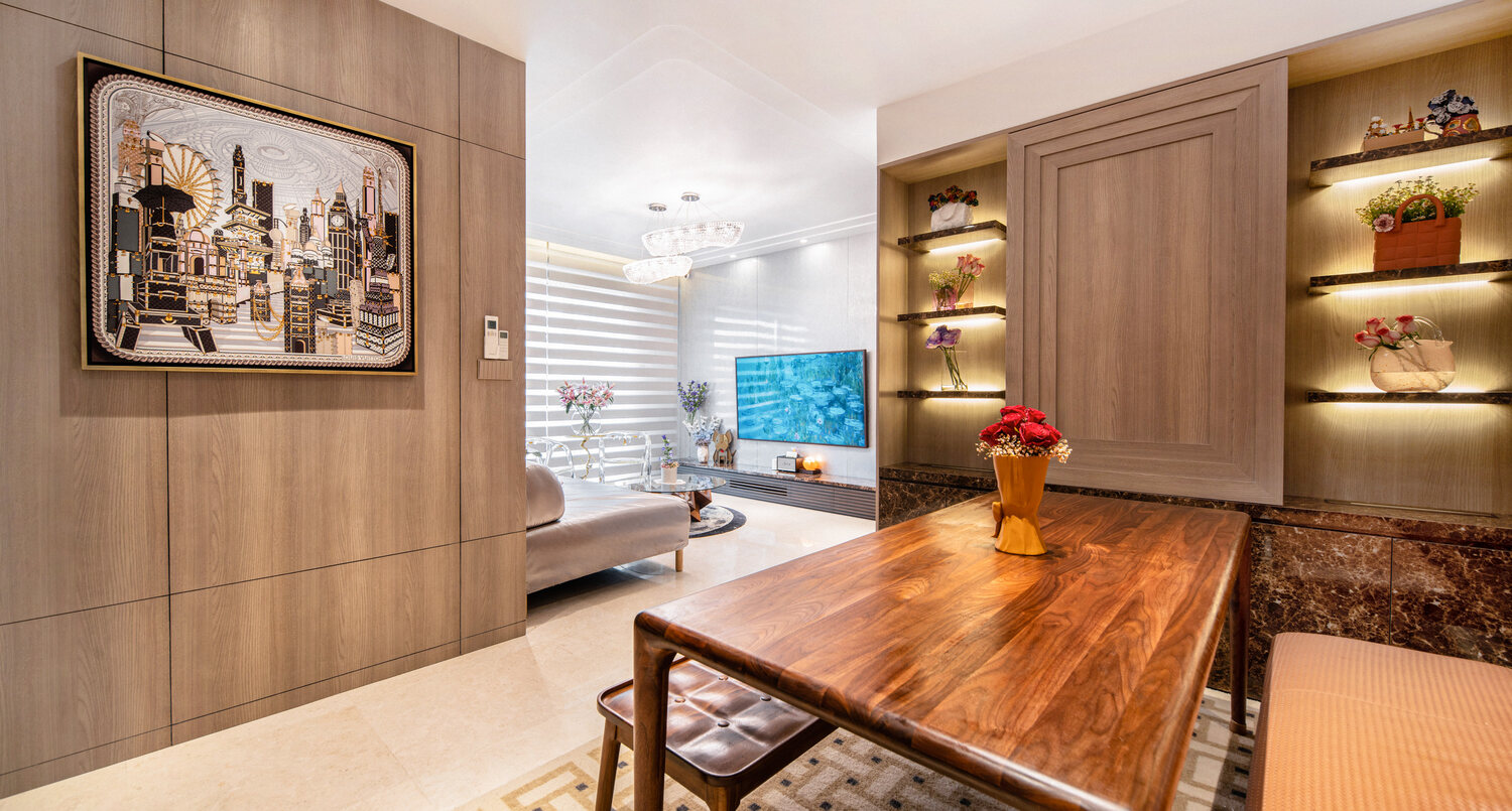 Premium residential dining and living area with timber built-ins — interior photography Singapore