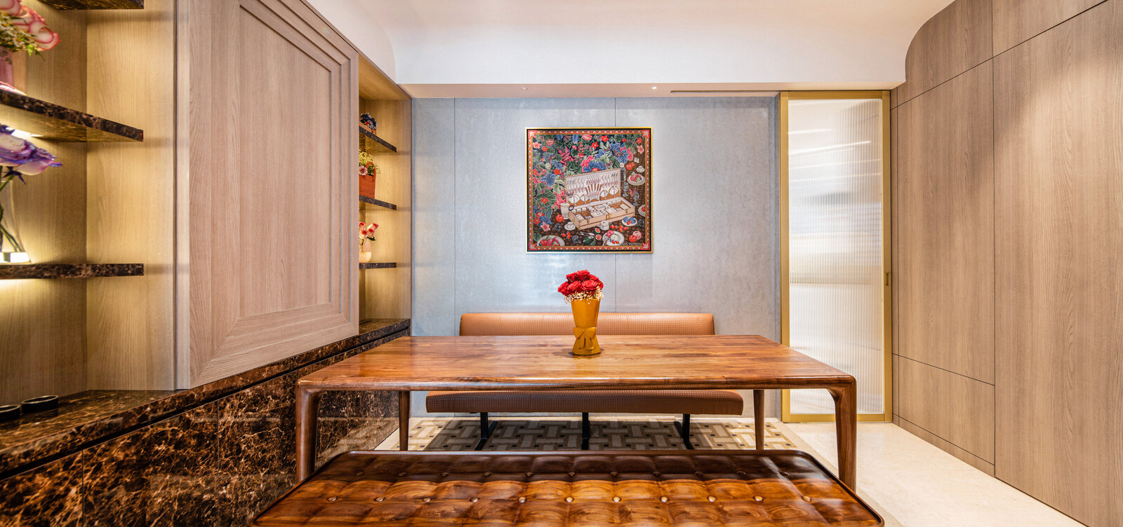 Premium residential dining room with timber and marble — interior photography Singapore