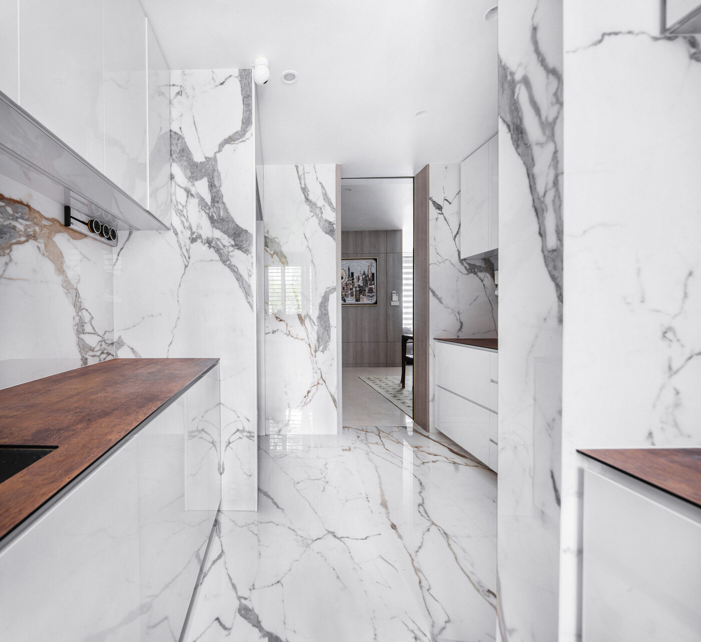 Premium residential marble corridor and kitchen — interior photography Singapore